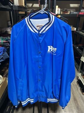 Vintage Blue Bomber Jacket with Striped Trim
